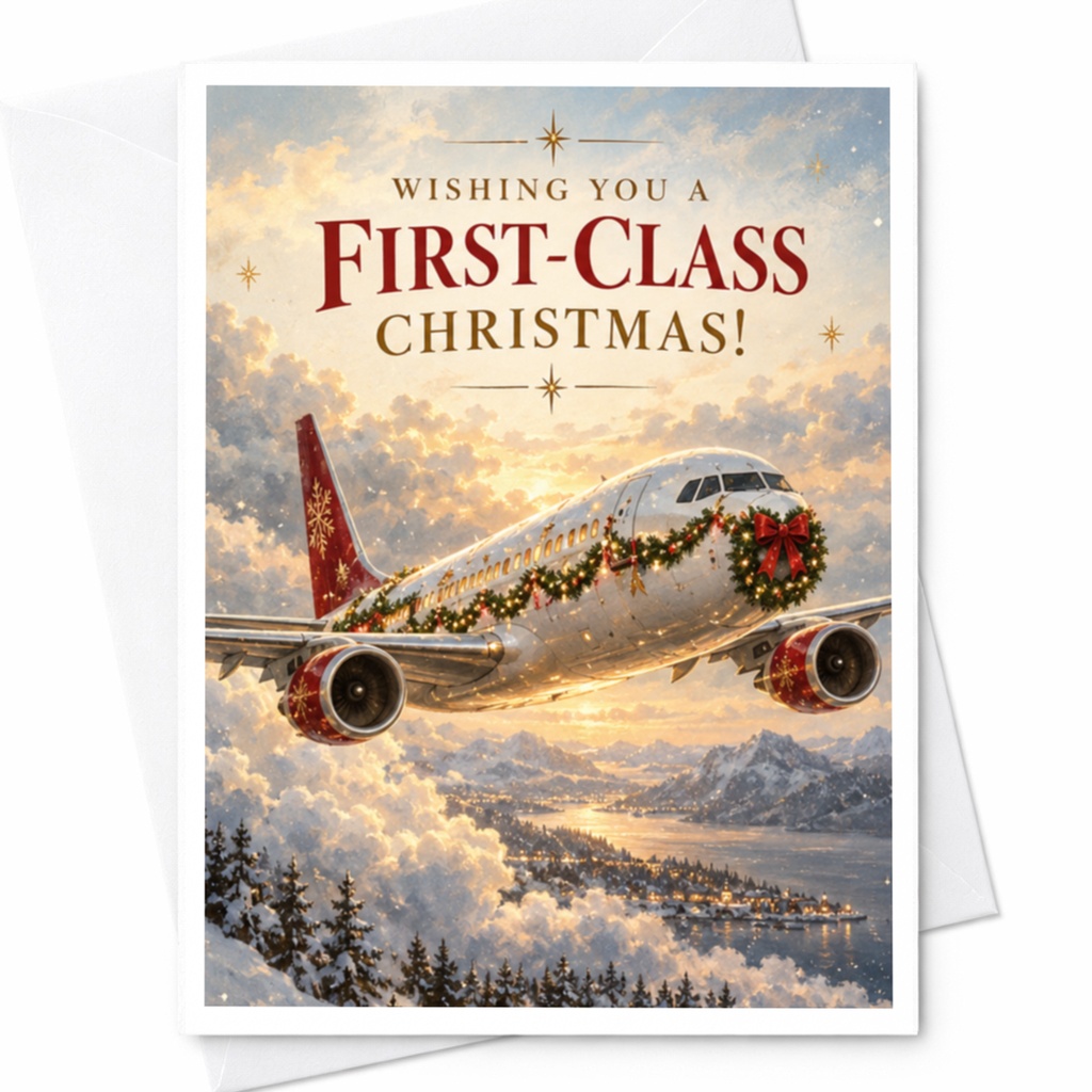 Wishing You A First-Class Christmas! Airplane Christmas Card Festive Holiday Greeting Card For Travelers Unique Xmas Card C8289