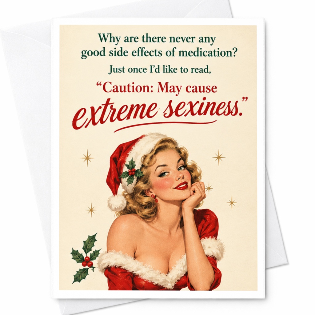 Why Are There Never Any Good Side Effects Funny Christmas Card Retro Holiday Woman Illustration Greeting Card C8245