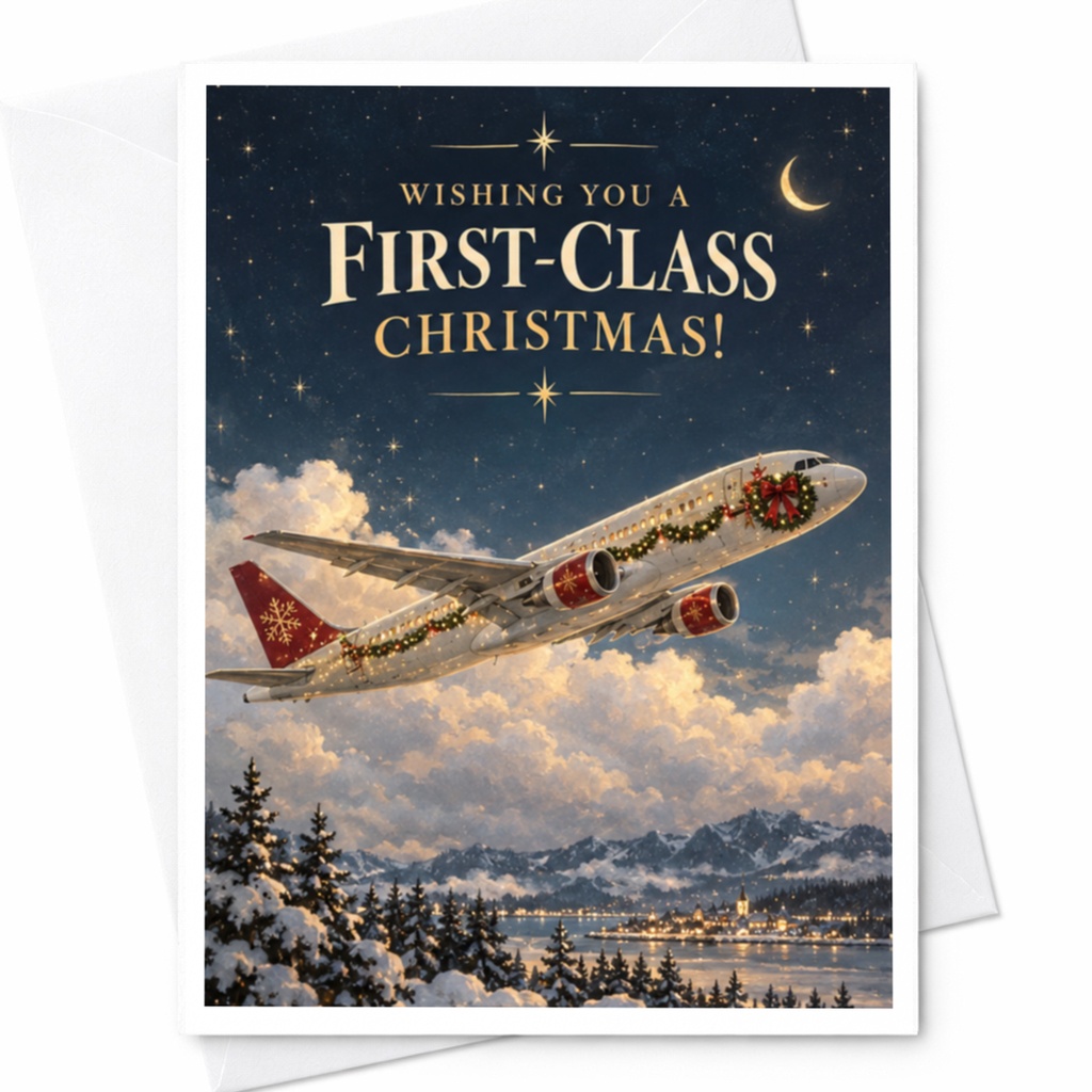 Wishing You A First-Class Christmas! Airplane Christmas Card Festive Holiday Greeting Card For Travelers Unique Xmas Card C8290