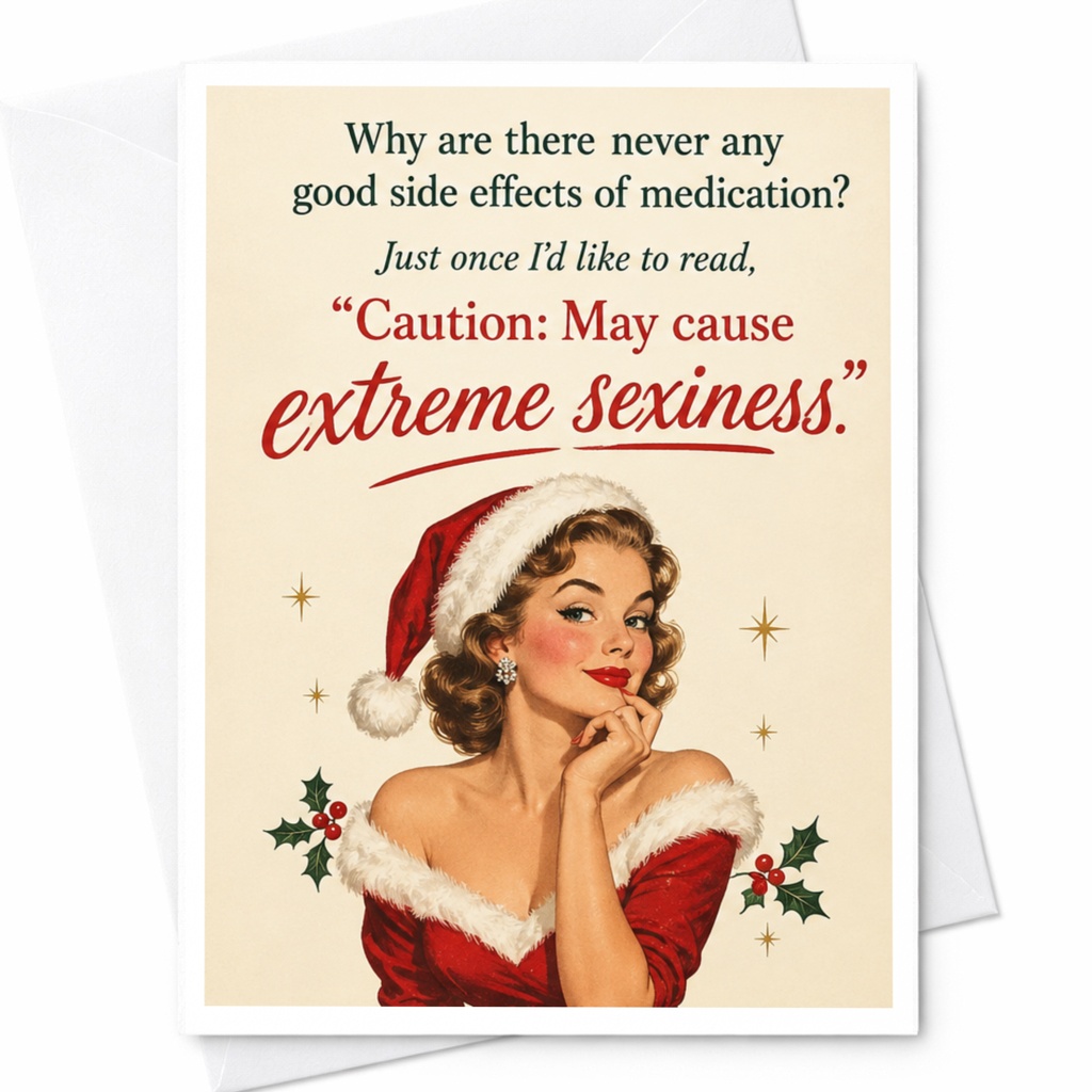 Why Are There Never Any Good Side Effects Christmas Card Funny Holiday Greeting Card Retro Santa Woman Xmas Card C8247