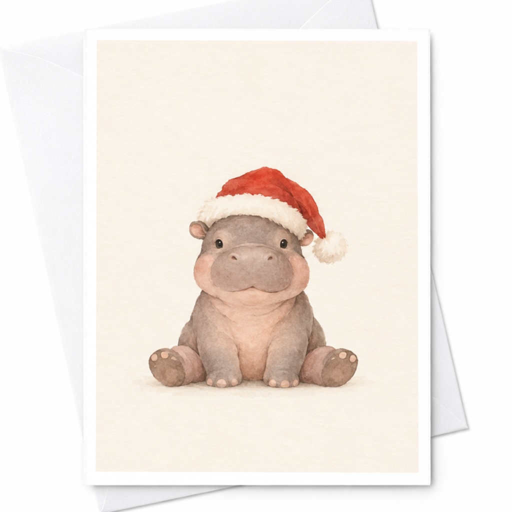 Hippo With Santa Hat Christmas Card Cute Animal Holiday Greeting Card For Kids Watercolor Art Festive Season Card C8253