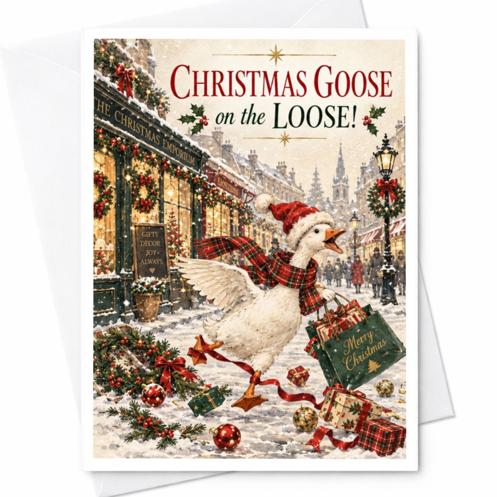 Christmas Goose On The Loose! Funny Christmas Card Goose With Gifts Holiday Greeting Card For Family Friends Cute Festive Card C8299