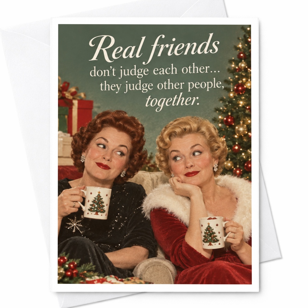 Real Friends Don't Judge Each Other Funny Christmas Card For Friend Holiday Greeting Card Cute Vintage Style C8256
