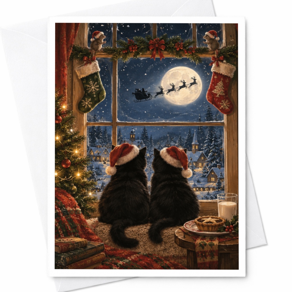 Christmas Cats Card Cute Holiday Greeting Card Two Cats Santa Hats Watching Santa's Sleigh Festive Winter Scene For Cat Lover C8257