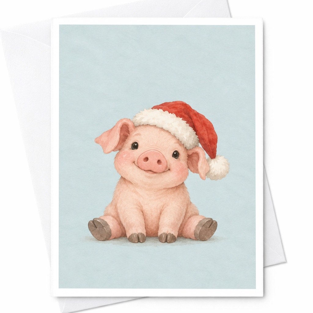 Pig In Santa Hat Christmas Card Cute Holiday Greeting Card For Animal Lover Adorable Festive Card Blank Inside C8260