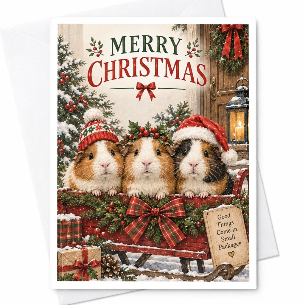 Merry Christmas Cute Guinea Pig Christmas Card Festive Holiday Greeting Card Animal Lover Adorable Xmas Card For Her C8270