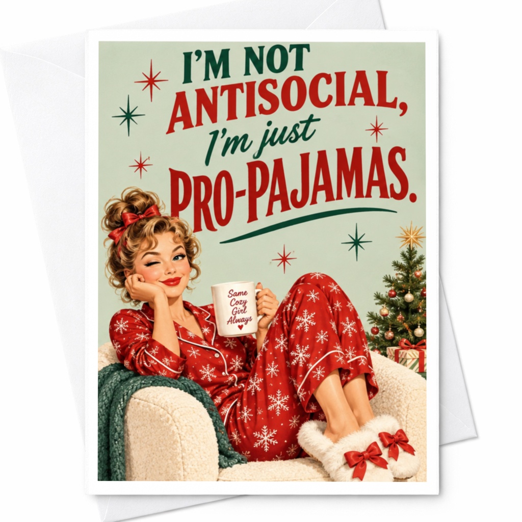 I'm Not Antisocial, I'm Just Pro-Pajamas. Funny Christmas Card Cozy Holiday Greeting Card For Her Cute Pajama Lover C8272
