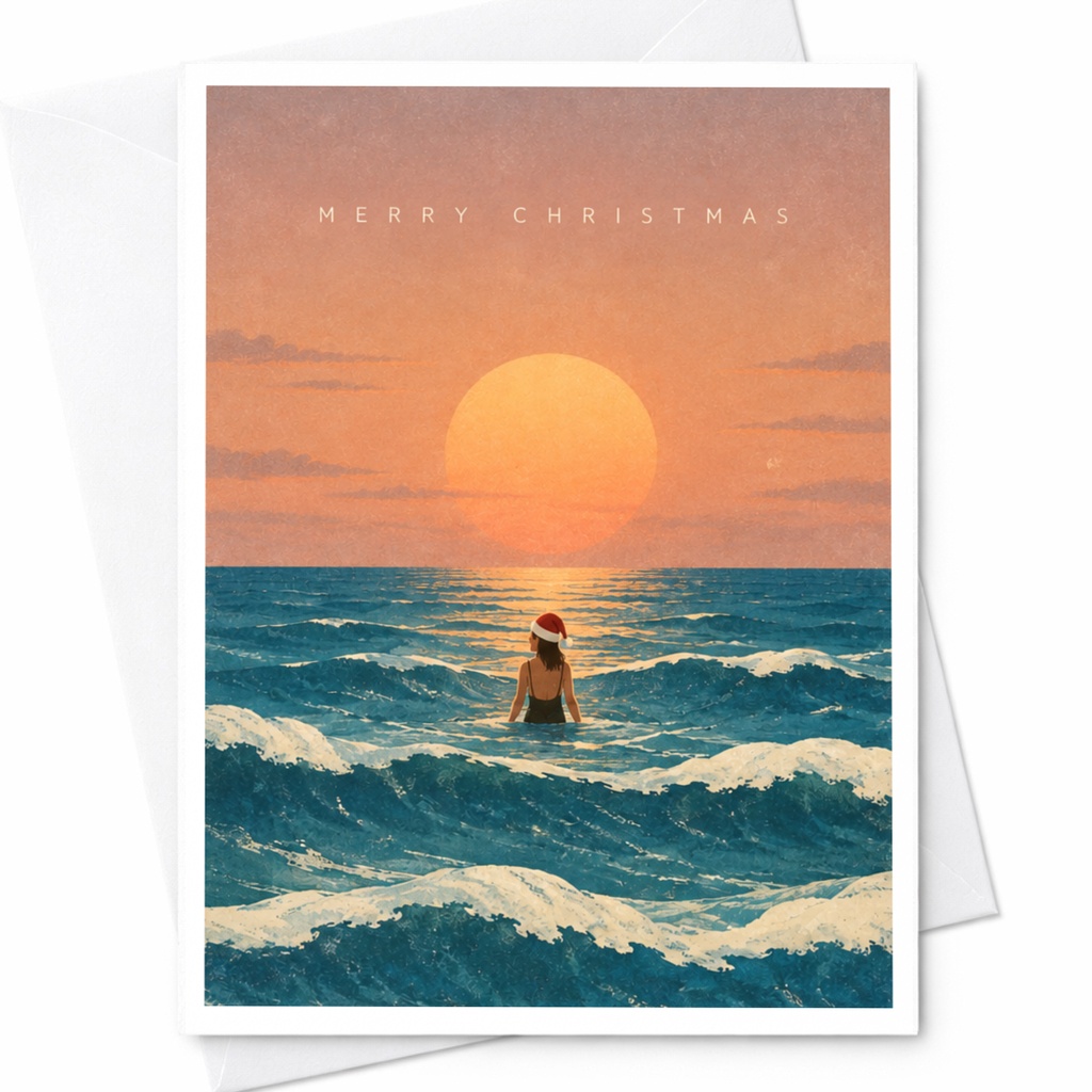 Merry Christmas Beach Sunset Card Unique Christmas Card Ocean Scene Holiday Greeting Card For Her Coastal Christmas Card C8275