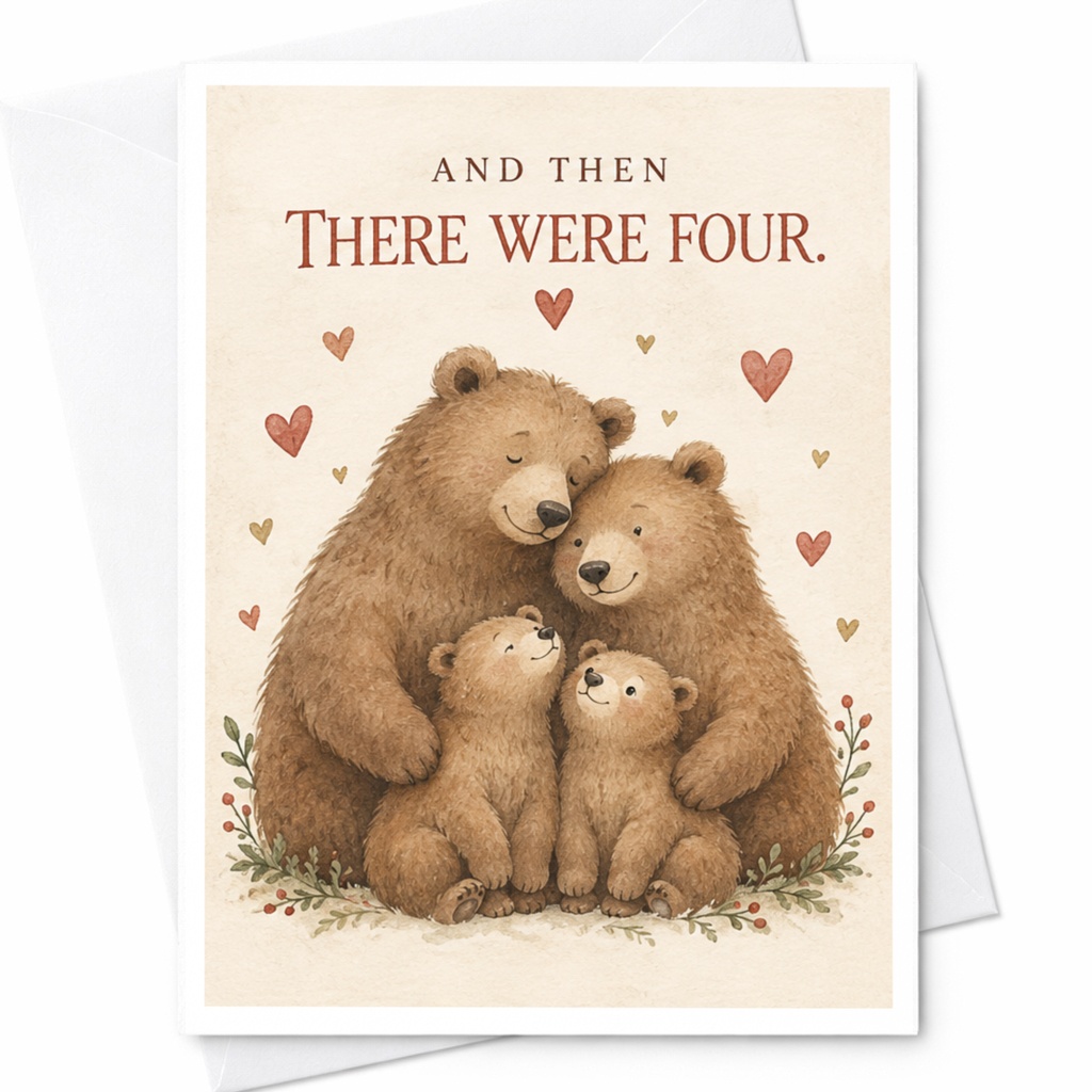And Then There Were Four New Baby Card Cute Bear Family Illustration Greeting Card For Growing Family Parents C8319