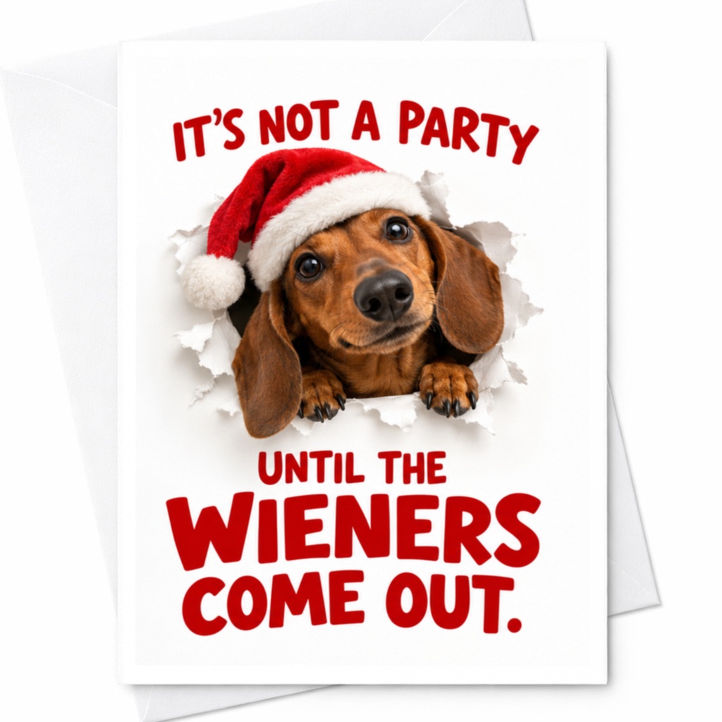 It's Not A Party Until The Wieners Come Out Funny Christmas Card Dachshund Dog Lover Holiday Card Cute Santa Hat C8323