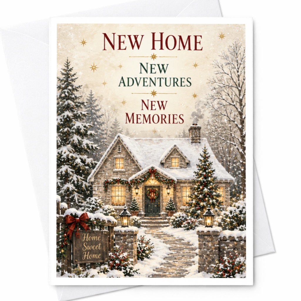 New Home New Adventures New Memories New Home Card Winter Housewarming Greeting Card Cozy Holiday Decor Snowy Cottage C8280