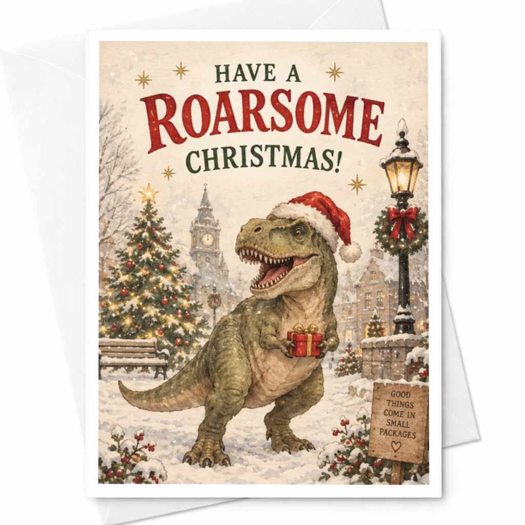 Have A Roarsome Christmas! Dinosaur Christmas Card Cute Holiday Greeting Card For Kids Fun Santa Hat T-Rex Xmas Card C8286
