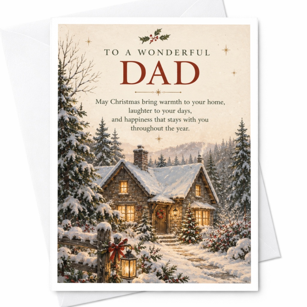 To A Wonderful Dad Christmas Card Warm Wishes Holiday Greeting Card For Dad Cozy Cabin Scene Festive Winter Card C8295