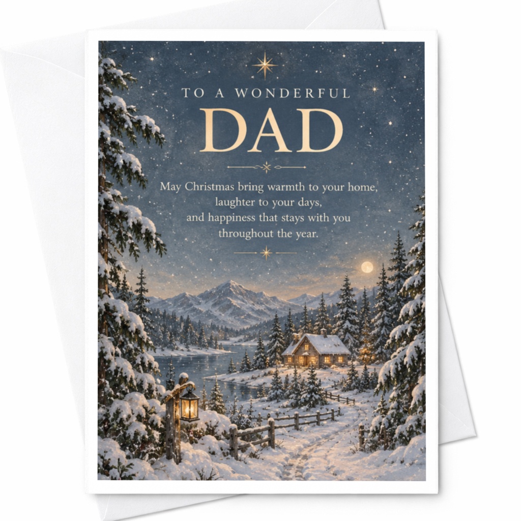 To A Wonderful Dad Christmas Card Winter Scene Snowy Cabin Holiday Greeting Card For Dad Warm Wishes Festive Season C8296