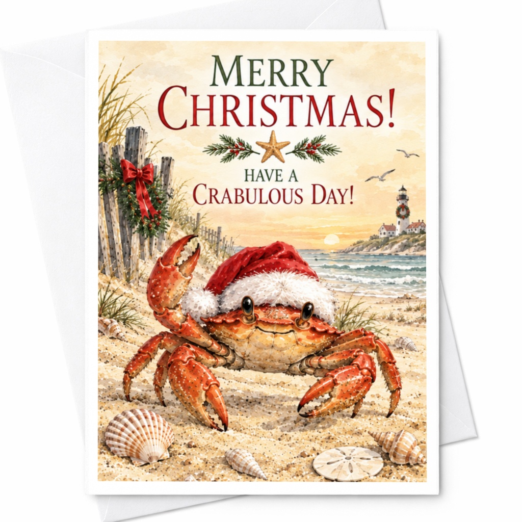 Merry Christmas! Have A Crabulous Day! Funny Christmas Card Crab With Santa Hat Beach Holiday Card For Ocean Lover C8297