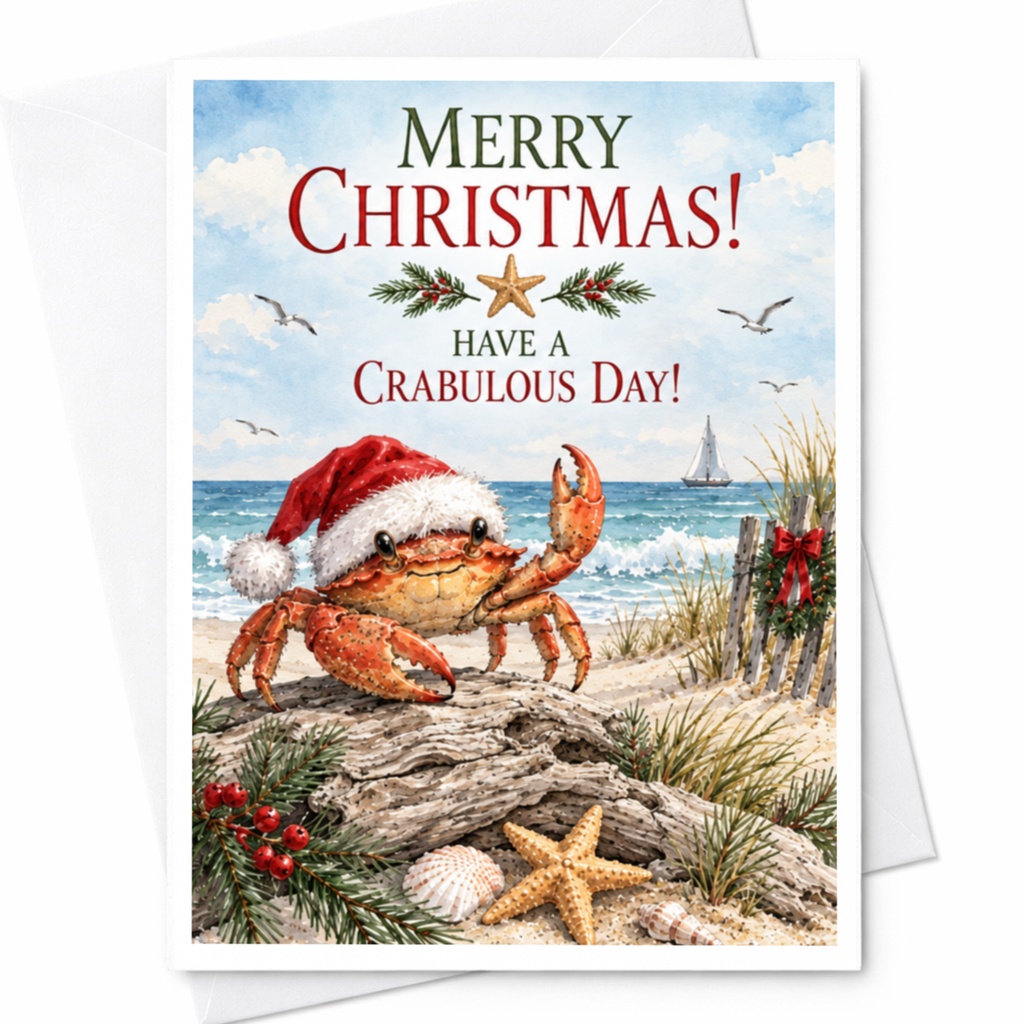 Merry Christmas! Have A Crabulous Day! Funny Christmas Card Crab With Santa Hat Beach Holiday Card For Ocean Lovers C8298