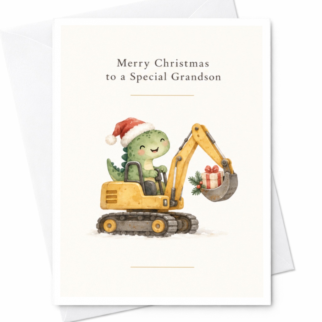 Merry Christmas To A Special Grandson Cute Dinosaur Christmas Card Excavator Gift Holiday Card For Kids Grandchild C8301