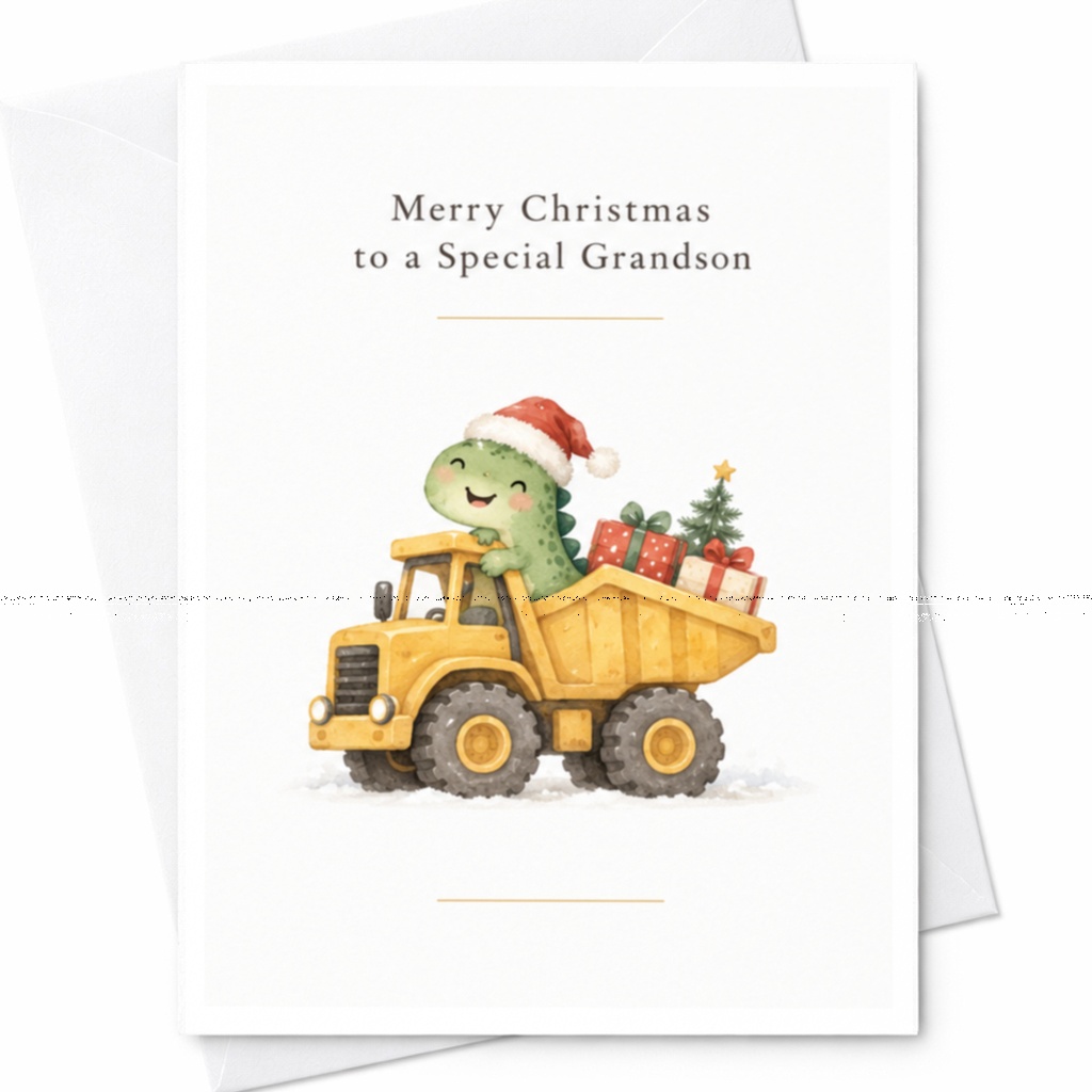 Merry Christmas To A Special Grandson Cute Dinosaur Christmas Card For Kids Festive Holiday Greeting Card With Truck And Gifts C8302