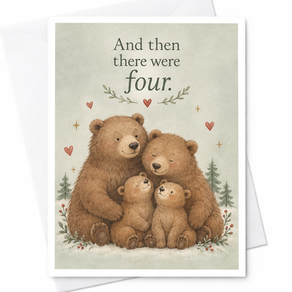 And Then There Were Four New Baby Announcement Card Cute Bear Family Illustration Growing Family Greeting Card C8320
