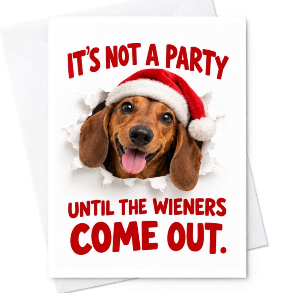 It's Not A Party Until The Wieners Come Out Funny Christmas Card Dog Lover Holiday Greeting Card Cute Santa Hat Dachshund C8324