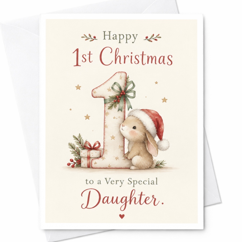 Happy 1st Christmas To A Very Special Daughter Card Cute Bunny Santa Hat Christmas Card For Baby Girl Holiday Greeting C8325