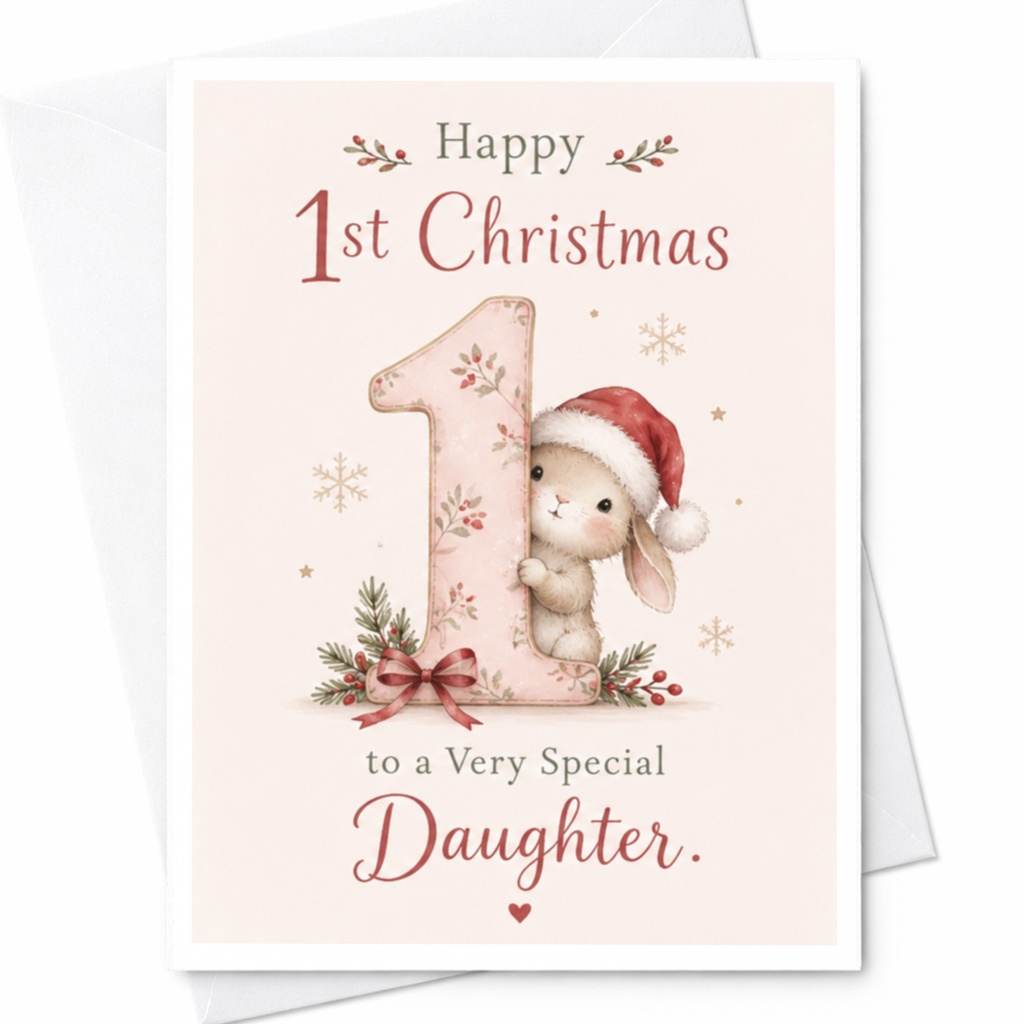 Happy 1st Christmas To A Very Special Daughter Card Cute Bunny Santa Hat Christmas Card For Baby Girl First Christmas C8326