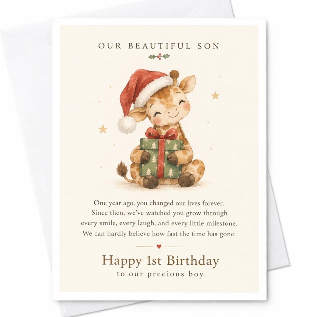 Our Beautiful Son Happy 1st Birthday Card For Precious Boy Cute Giraffe With Gift Santa Hat Christmas Birthday Card C8327