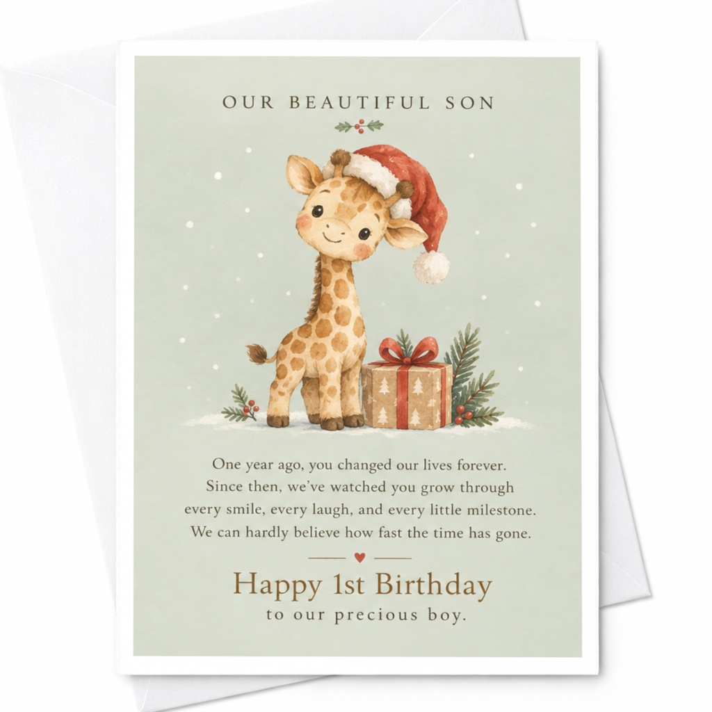 Our Beautiful Son Happy 1st Birthday Card For Boy Cute Giraffe With Gift Santa Hat Christmas Theme Baby's First Birthday C8328