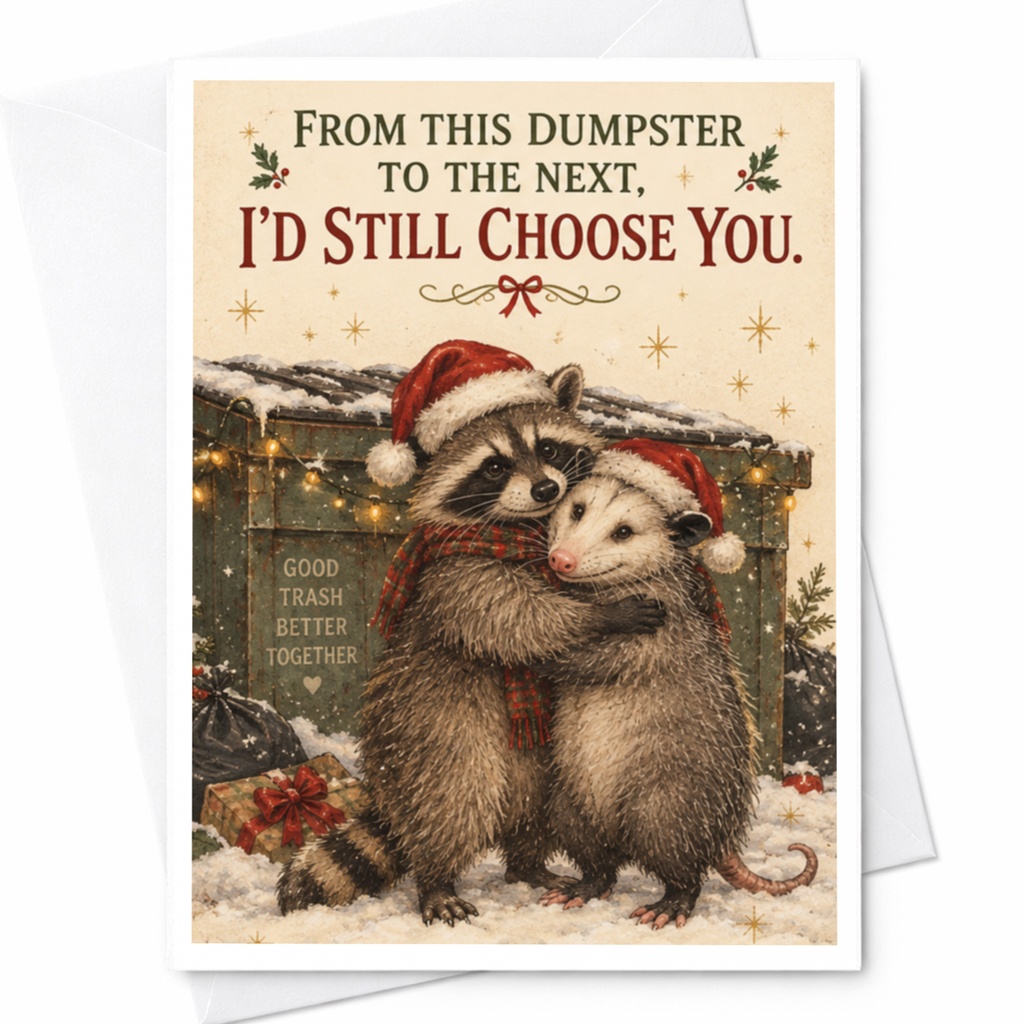 From This Dumpster To The Next, I'd Still Choose You. Funny Christmas Card Raccoon Opossum Couple Holiday Card Cute Animal C8331