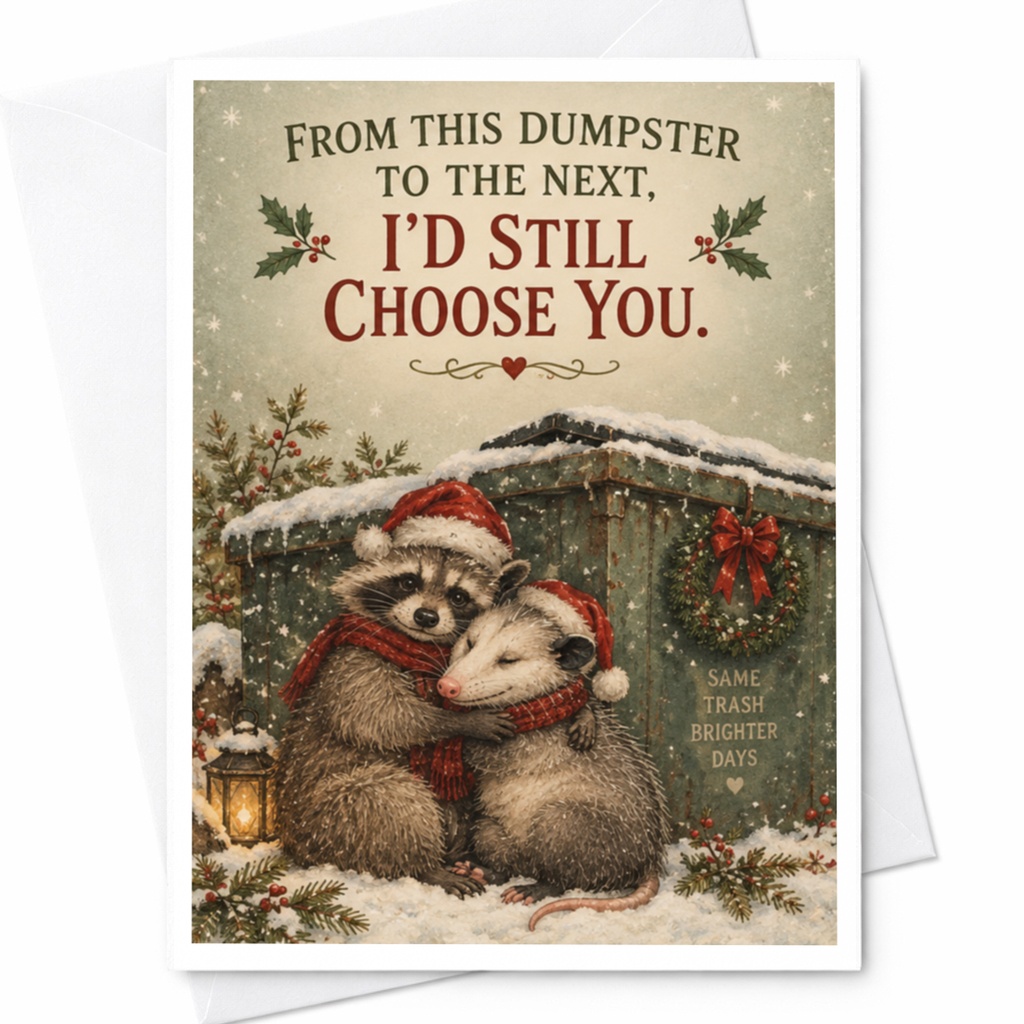 From This Dumpster To The Next, I'd Still Choose You. Funny Christmas Card Raccoon Opossum Couple Holiday Card Cute Animal C8332