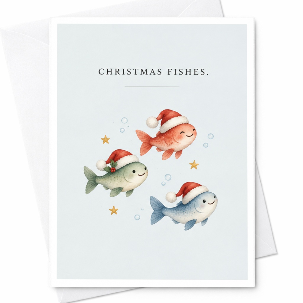 Christmas Fishes. Cute Christmas Card Fish With Santa Hats Holiday Greeting Card For Kids Family Fun Festive C8342