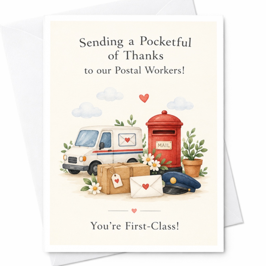 Sending A Pocketful Of Thanks To Our Postal Workers! You're First-Class! Thank You Card Postal Worker Appreciation Cute C8345