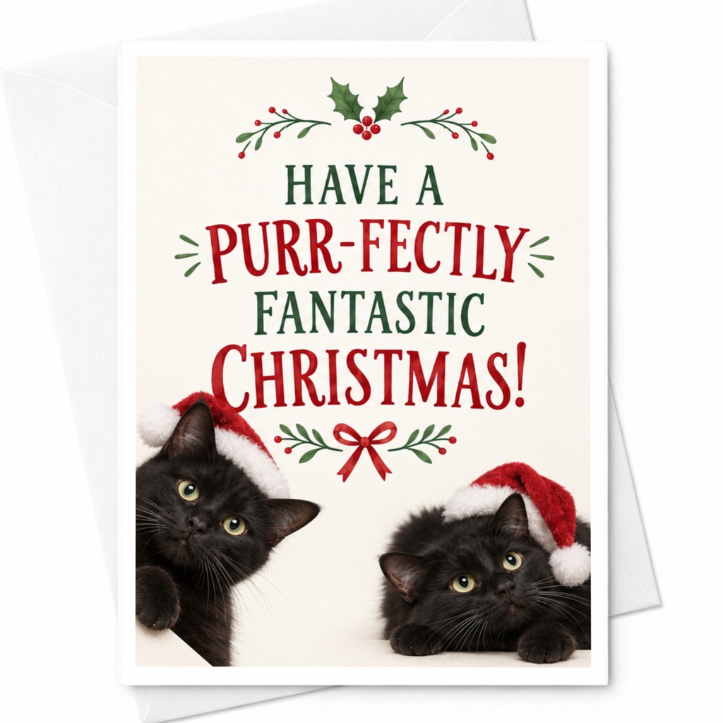 Have A Purr-Fectly Fantastic Christmas! Cute Cat Christmas Card Black Cats With Santa Hats Holiday Greeting Card For Cat Lover C8349