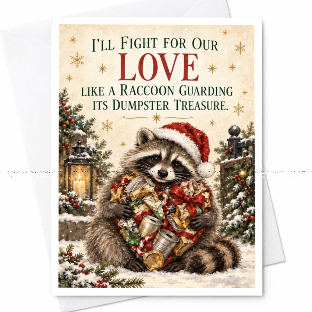 I'll Fight For Our Love Like A Raccoon Guarding Its Dumpster Treasure Love Card Cute Raccoon Christmas Card Funny Romantic Greetin C8351