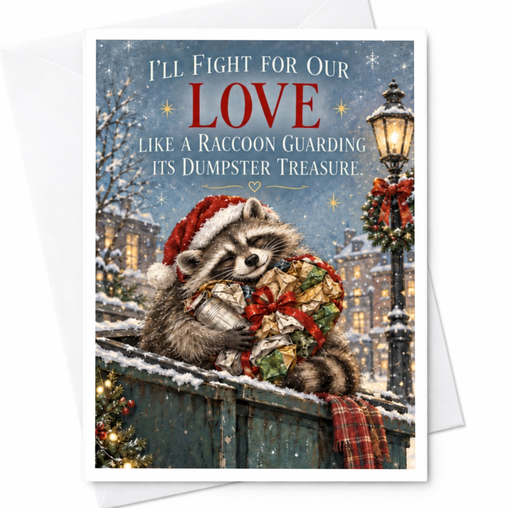 I'll Fight For Our Love Like A Raccoon Guarding Its Dumpster Treasure Funny Christmas Card Cute Holiday Card For Couple Romantic C8352