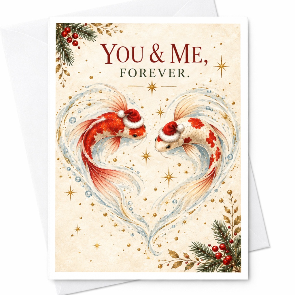 You & Me, Forever. Romantic Greeting Card Cute Fish Couple Christmas Love Card For Partner Anniversary Card C8353
