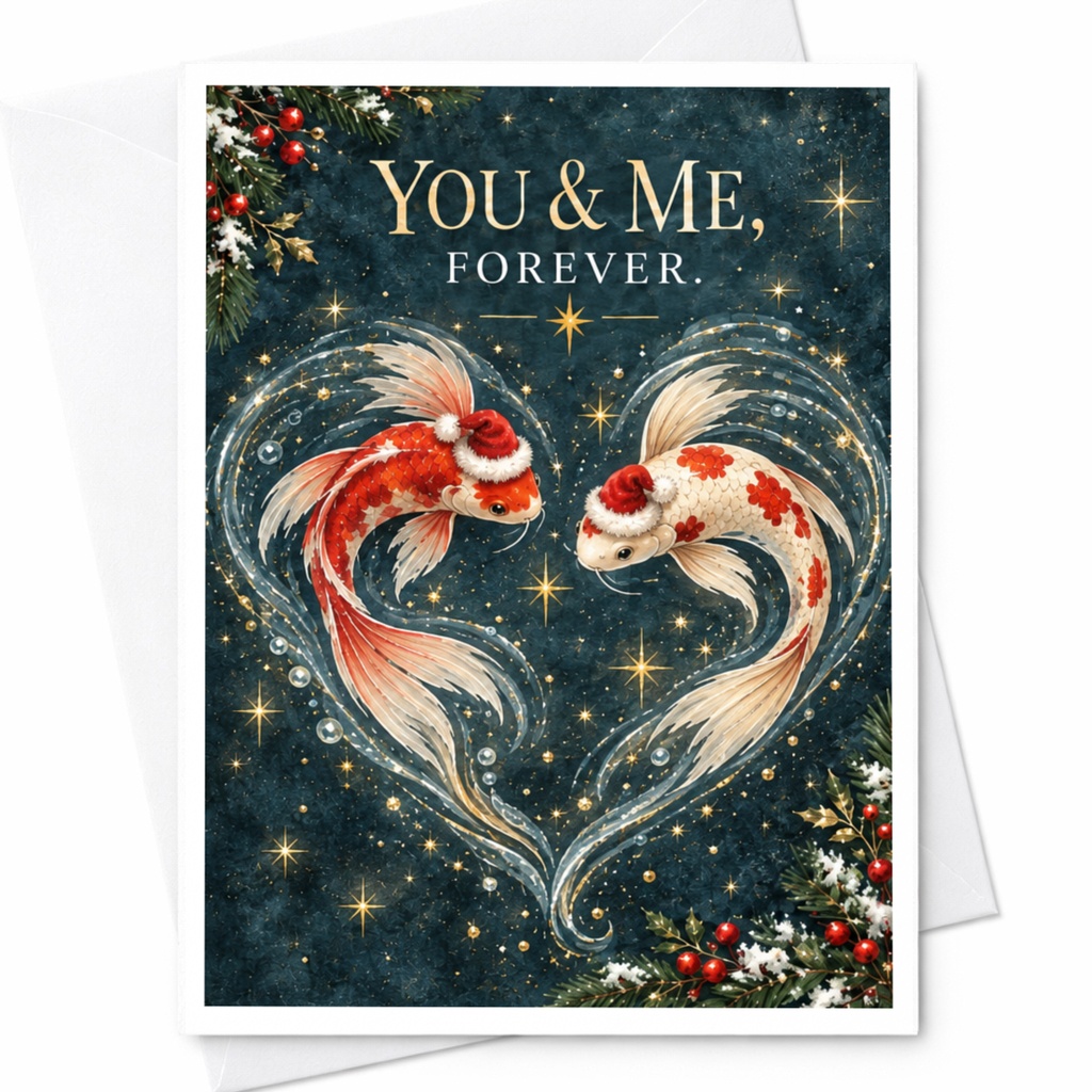 You & Me, Forever. Romantic Greeting Card Koi Fish Heart Christmas Card For Couple Cute Holiday Love Card C8354