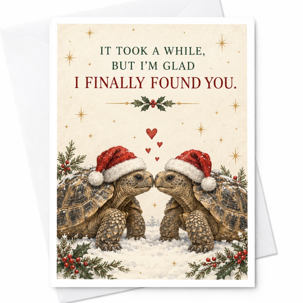 It Took A While, But I'm Glad I Finally Found You Christmas Card Cute Turtles With Santa Hats Romantic Holiday Card For Couple C8361