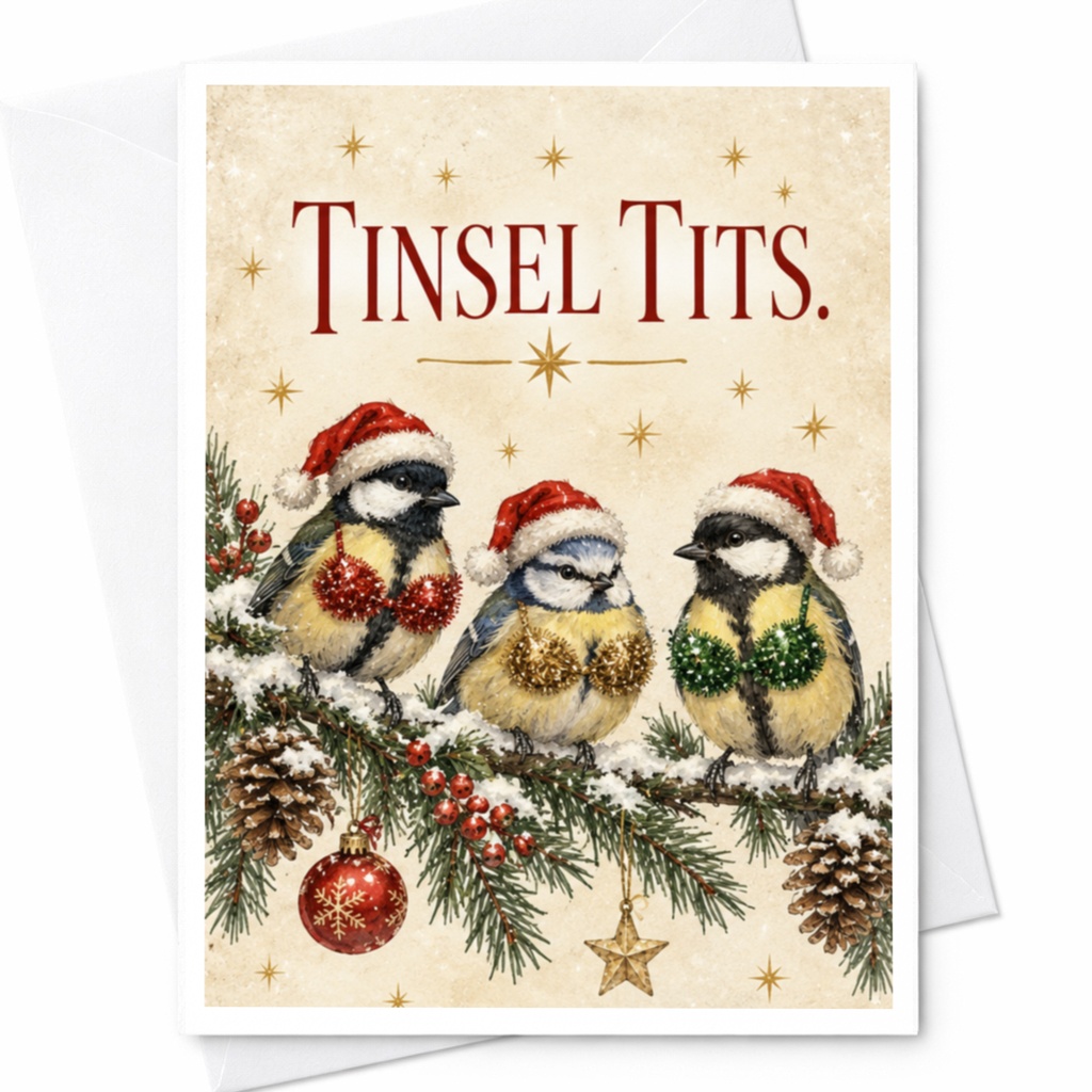 Tinsel Tits. Funny Christmas Card Cute Birds With Santa Hats Holiday Greeting Card For Friend Animal Lover C8365