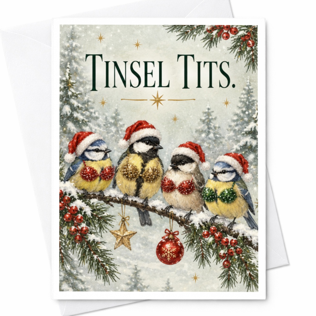 Tinsel Tits. Funny Christmas Card Birds With Santa Hats Holiday Greeting Card For Friend Cute Festive Card C8366