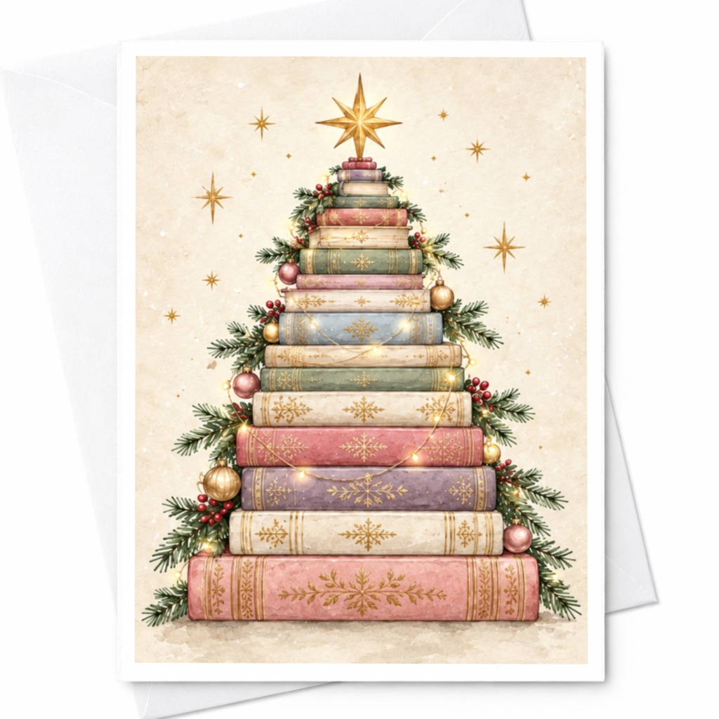 Stacked Books Christmas Tree Card Holiday Greeting Card For Book Lover Festive Literary Card Unique Christmas Card C8371