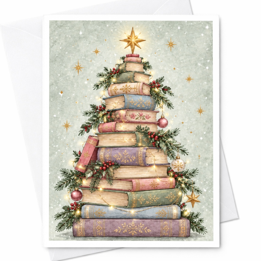 Stacked Books Christmas Tree Card Holiday Greeting Card For Book Lover Festive Literary Card Unique Christmas Card C8372