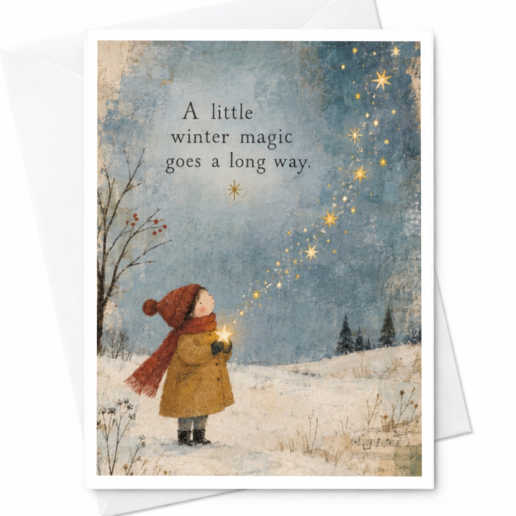 A Little Winter Magic Goes A Long Way Winter Greeting Card Cute Child Illustration Holiday Card For Friend Family C8335