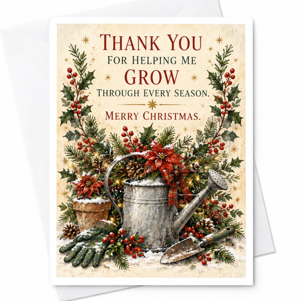 Thank You For Helping Me Grow Through Every Season. Merry Christmas. Holiday Card Christmas Greeting Card For Gardener C8391