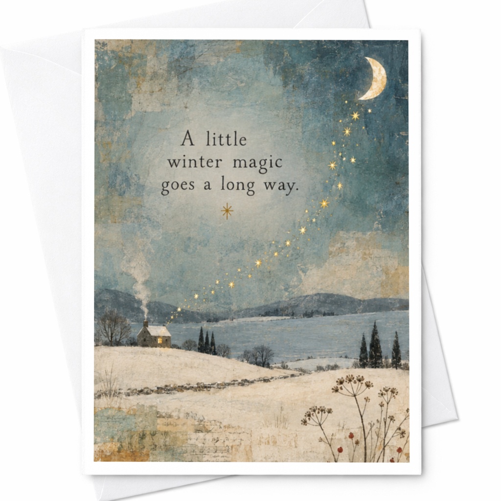 A Little Winter Magic Goes A Long Way Winter Greeting Card Cozy Snowy Scene Holiday Card For Friend Family Seasonal Wishes C8336