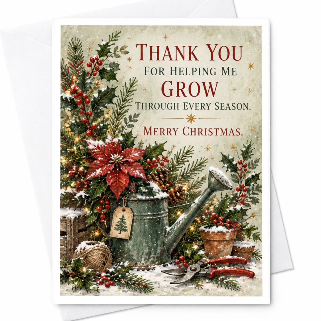 Thank You For Helping Me Grow Through Every Season. Merry Christmas. Christmas Card For Gardener Holiday Greeting Card C8392