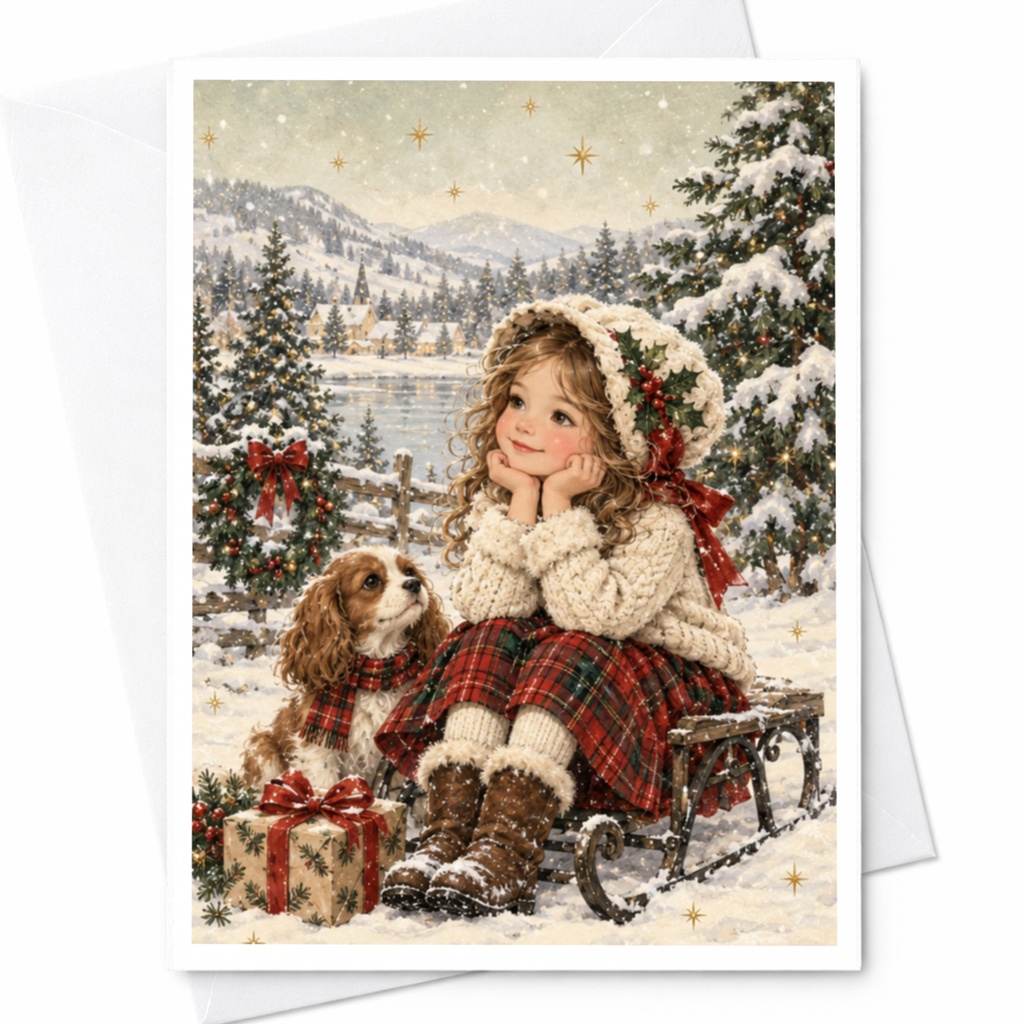 Girl And Dog Winter Scene Christmas Card Cute Holiday Greeting Card For Kids Snowy Landscape Festive Art Card C8394