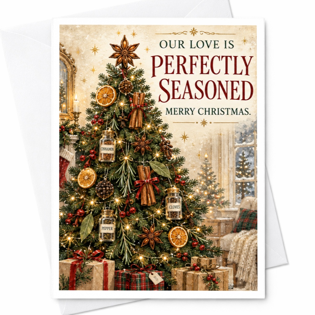 Our Love Is Perfectly Seasoned Merry Christmas Romantic Christmas Card For Couple Holiday Greeting Card Festive Tree C8339