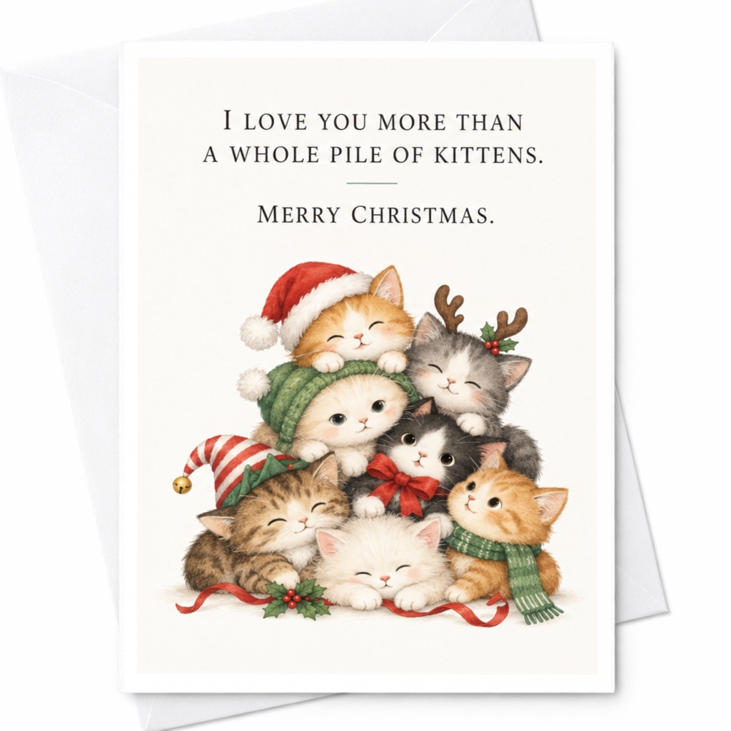 I Love You More Than A Whole Pile Of Kittens Merry Christmas Card Cute Holiday Greeting Card For Cat Lover Adorable Xmas Card C8395