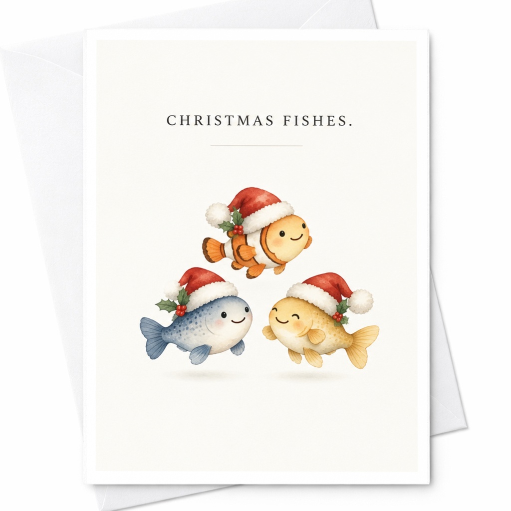 Christmas Fishes. Cute Christmas Card Fish With Santa Hats Holiday Greeting Card For Kids Family Fun Festive Card C8341
